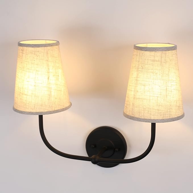 2-Lights Wall Sconces with Funnel Linen Fabric Shades, Double Light Wall Lamps for Bedroom Living Room Vanity Bathroom Hallway Stairway
