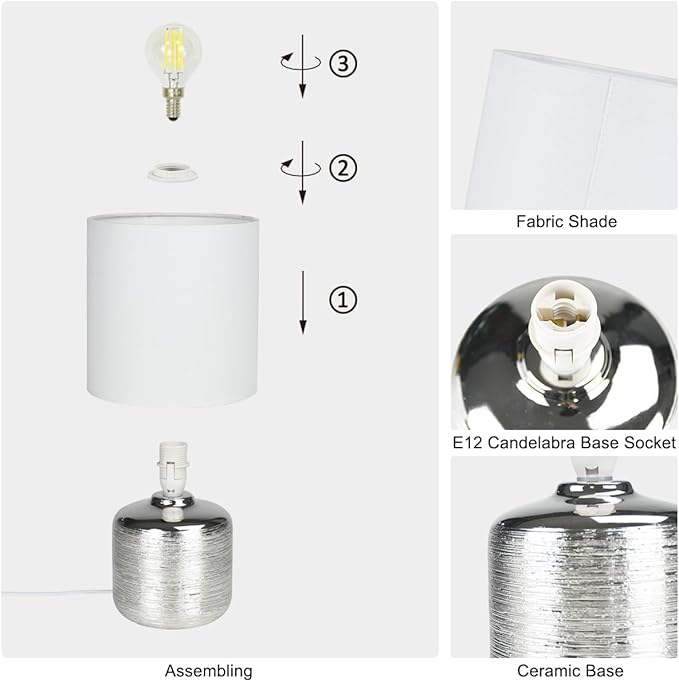 Lampwell Beno Small Table Lamp for Living Room as Bedside Table Lamp for Bedroom,Modern Ceramic Table Lamp,Kids Table Lamp,Night Table Lamp,Φ6.3×H11.81IN,Bulb Excluded,Off White Chrome Table Lamp
