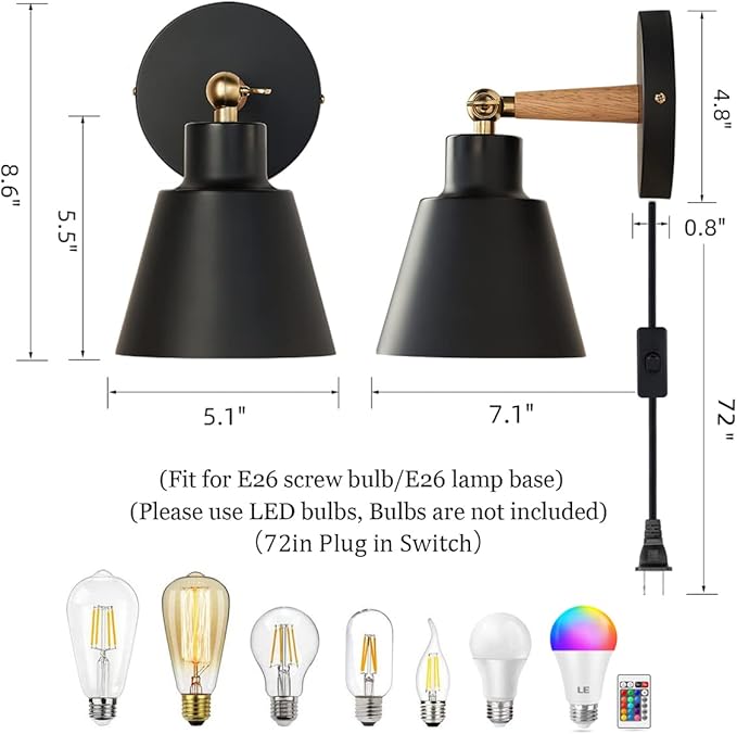 Plug in Wall Sconces Lighting Fixture Set of 2,Bedside Wall Light for Industrial Bedroom, Wall Mounted Lamp for Bathroom Hallway Living Room (2Pack Black with 1.8M Plug in Cord)