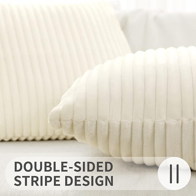 Simmore Decorative Fall Throw Pillow Covers 12x20 Set of 2, Soft Natural Plush Flannel Double-Sided Fluffy Lumbar Pillow Covers for Couch Sofa Living Room, Cream White