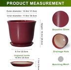 12 Inch Pots for Plants - Ceramic Planter for Indoor Outdoor, Round Plant Pot with Drainage Hole and Saucer, Large Planters, Modern Flower Pots, Home Room Office Decor, Gardening Gifts, Red
