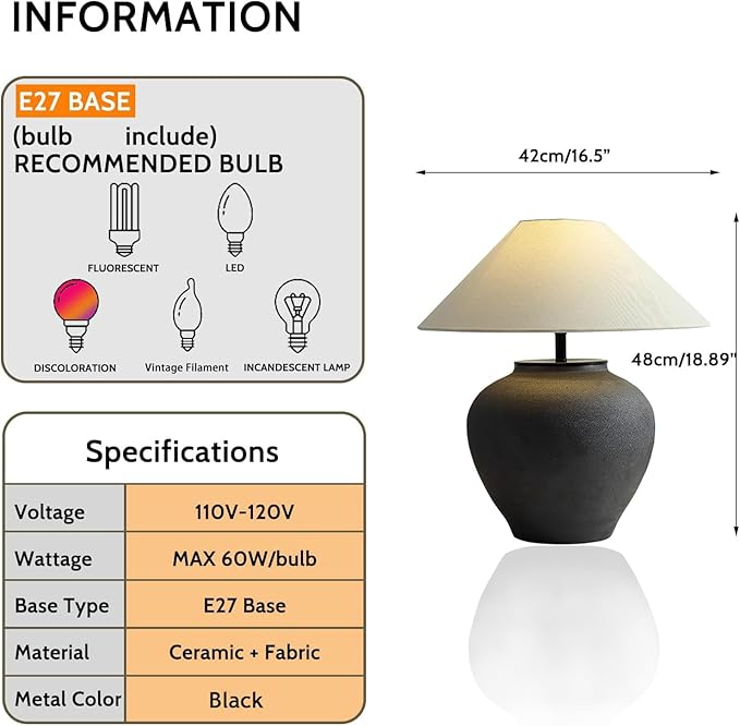 Farmhouse Table Lamps Black 18.8" Tall Ceramic Table Lamp Rustic Southwestern Clay Pot Ceramic Lampshade with Fabric Shade Bedside Nightstand for Living Room Bedroom House Office Entryway (Black)