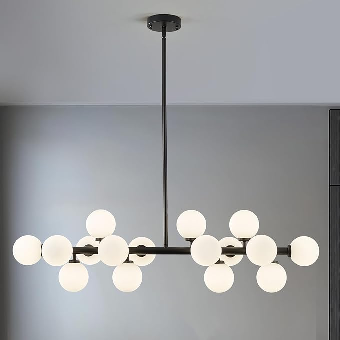 16-Light Globe Sputnik Chandelier, Mid Century Modern Light Fixture Over Table, Black Linear Chandeliers for Dining Room and Kitchen Island (Milk White Glass Bubble Shades, 40 Inch)