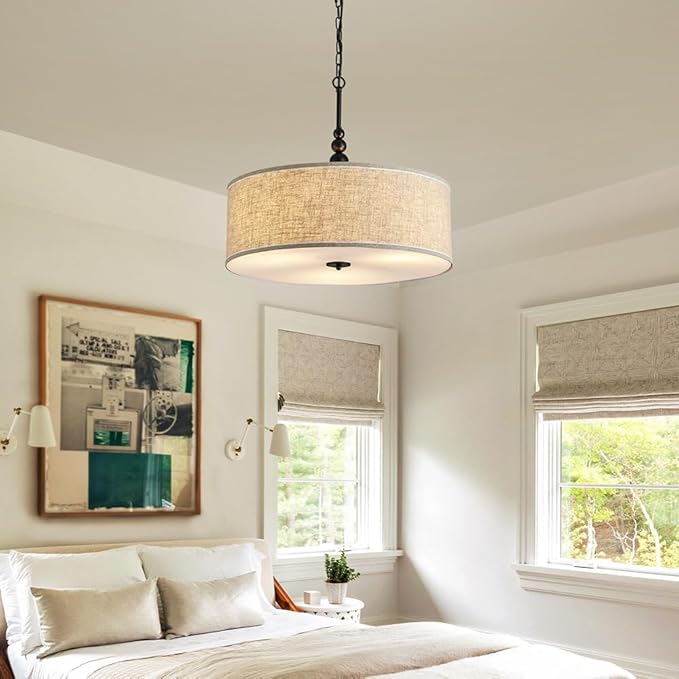 Shrine Lighting Drum Chandeliers, Farmhouse Style, Perfect Drum Pendant Light for Dining Room, D21'' x H8'', Adjustable Chains 59'', E26*3 Sockets, Beige Linen Fabric Lampshade & Black Rod