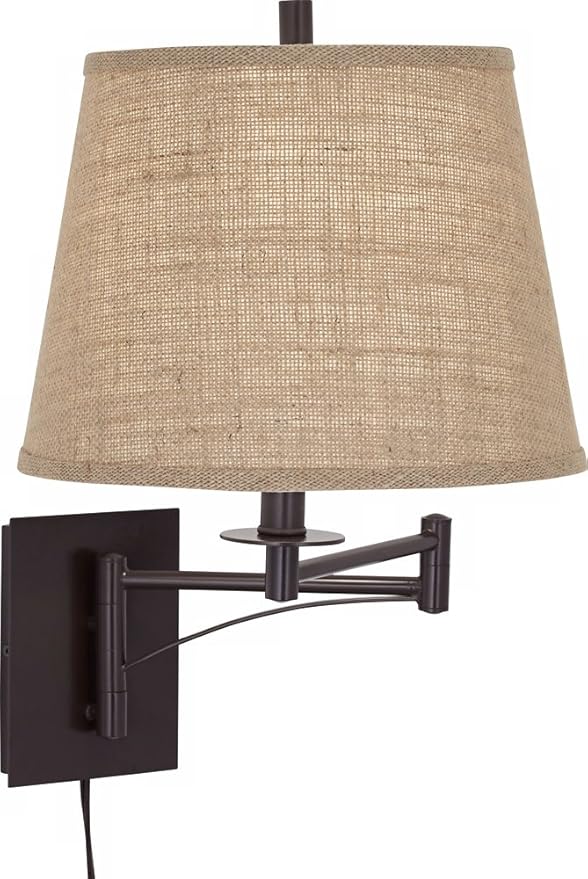 Franklin Iron Works Brinly Farmhouse Rustic Swing Arm Wall Lamp Matte Brown Metal Plug-in 12" Fixture Burlap Hardback Drum Shade for Bedroom Bedside Living Room Hallway Dining House Reading