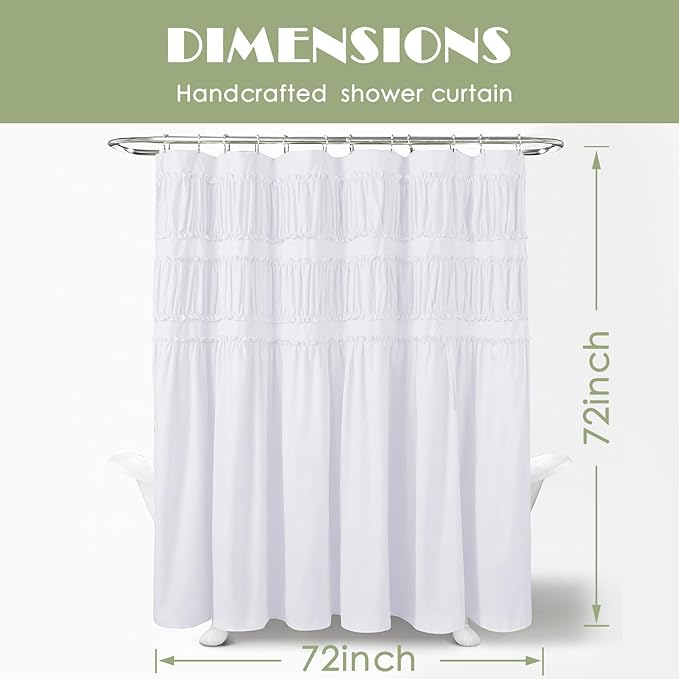 Elegant Ruffle White Shower Curtain 72" x 72", Ruched Microfiber Vintage Rustic Bath Curtain for Bathroom, Boho Farmhouse Bathroom Decor, Durable and Fade Resistant (LQ-38)