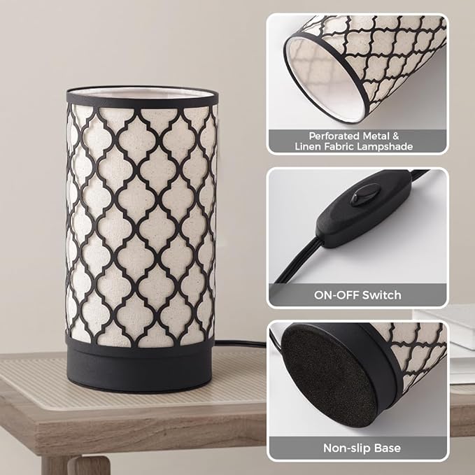 Cerdeco Small Table Lamp with Two-Tier Linen Shade and Black Metal Floral Cut-Out Pattern,Bedside Lamp,Easy Intallation,E26 Socket Lamp(Bulb is not Included), Desk Lamp for Bedroom,Living Room,Home