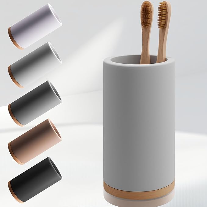 Matani Diatomite & Bamboo Toothbrush Holder - Quick-Drying, Water-Absorbent Stand with Removable Base & Drain Holes for Bathroom Countertop (Light Gray)