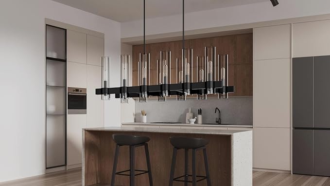 Black Linear Chandelier, 40 Inch 12-Lights Modern Kitchen Island Dining Room Over Table Light Fixture, Industrial Farmhouse Large Pendant Lighting with Glass Shade