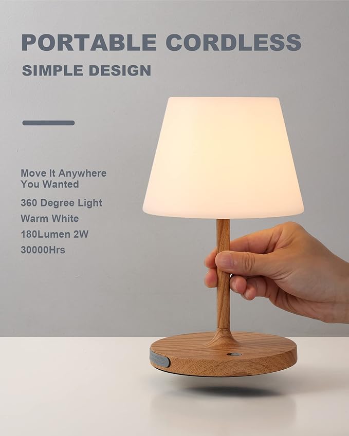 Outdoor Battery Operated Table Lamp Waterproof, 4000mAh Cordless Rechargeable, Touch Dimmable Desk Lamp, LED Night Light for Patio Camping Restaurant Home, H9.6in, Wood Grain