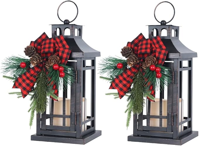 NEEDOMO 2 Pcs Christmas Decorations Indoor, Outdoor Christmas Led Lanterns Decorative for Table Centerpieces, Vintage Metal Hanging Candle Holder, Home Decor for Party, Living Room, Patio, Porch