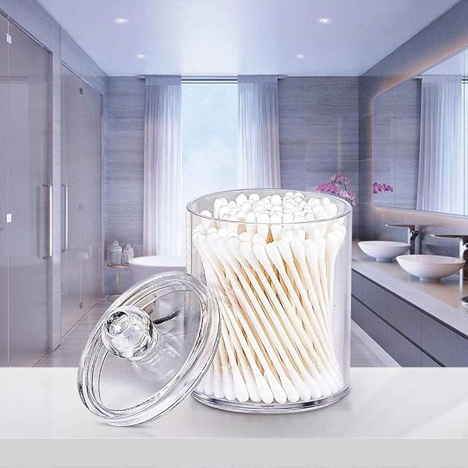 AXX Qtip Dispenser Apothecary Jars Bathroom - Qtip Holder Storage Canister Clear Plastic Jar for Cotton Swab,Q-Tips,Cotton Rounds (E#Clear 4Pcs)