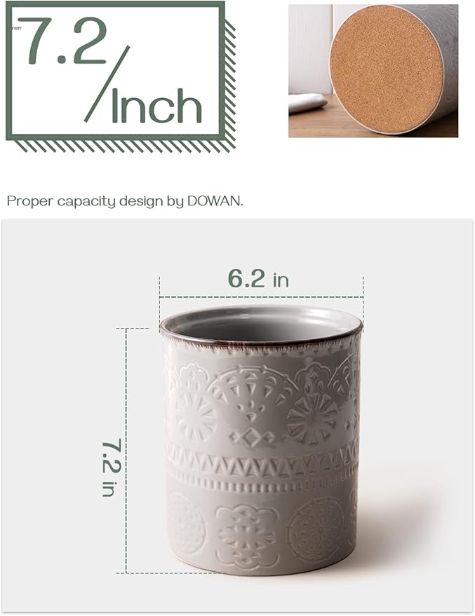 DOWAN 7.2" Kitchen Utensil Holder, Extra Large Farmhouse Utensil Holders for Countertop, Ceramic Utensil Crock, Anti Slip Cork Bottom (Gray, 7.2 Inch)