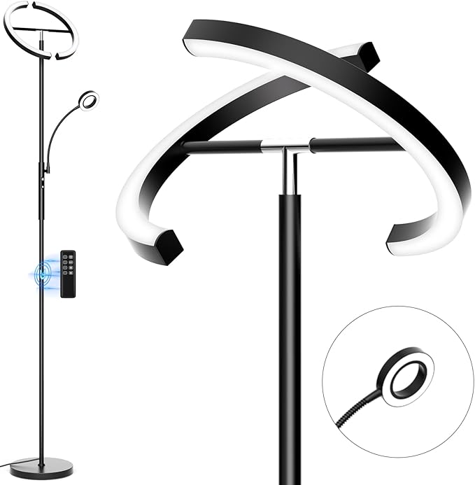 Upgraded 2-in-1 LED Floor Lamp - Dimmable Mother-Daughter Standing Lamp with Remote&Touch Control, 29W Bright Floor Reading Light, Black Modern Standing Light for Living Room Bedroom Office