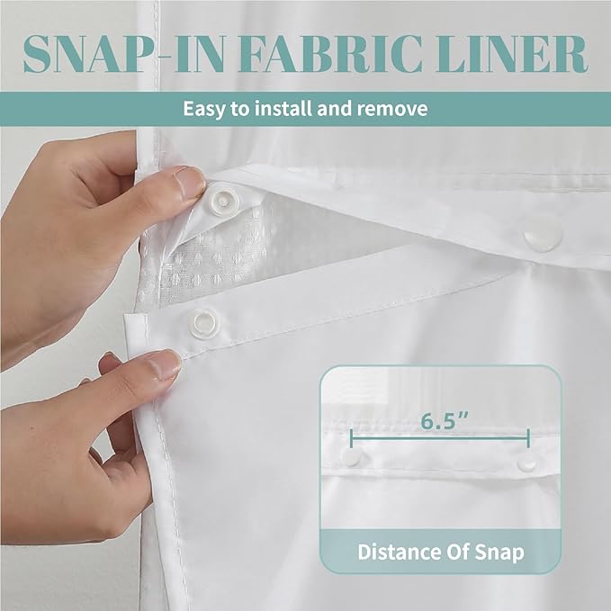 White Long No Hook Waffle Weave Shower Curtain with snap-in Liner Replacement, 230GSM Waterproof Fabric Hotel Shower Curtain Set for Bathroom, Through Mesh Top Window,71Wx80H
