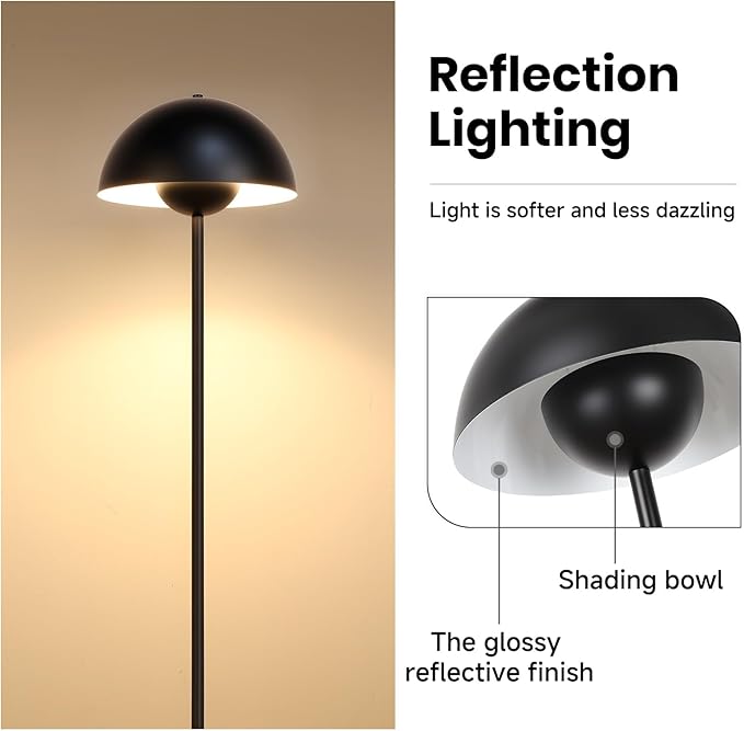 Black Floor Lamp for Living Room, 66'' Industrial Standing Lamp with Unique Metal Shade&Base Reflecting Light Tall Retro Lamp for Bedroom, Black