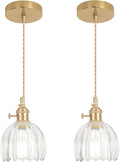 Mini Pendant Light 2 Pack with Clear Tulip Glass Lmapshade, Brass Vintage Pendant Light Adjustable Hanging Light for Kitchen Island Dining Room Hallway