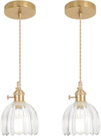 Mini Pendant Light 2 Pack with Clear Tulip Glass Lmapshade, Brass Vintage Pendant Light Adjustable Hanging Light for Kitchen Island Dining Room Hallway