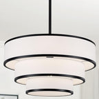 19.8'' Drum Chandelier for Dining Room Light Fixtures 5-Light White Fabric Pendant Light Fixture, Modern Farmhouse 3-Tier Black Chandelier for Living Room Bedroom Entryway Staircase