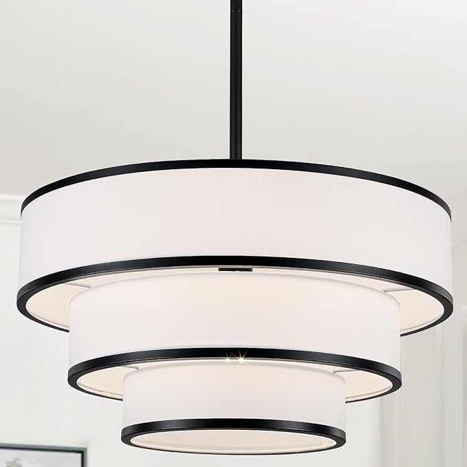 19.8'' Drum Chandelier for Dining Room Light Fixtures 5-Light White Fabric Pendant Light Fixture, Modern Farmhouse 3-Tier Black Chandelier for Living Room Bedroom Entryway Staircase