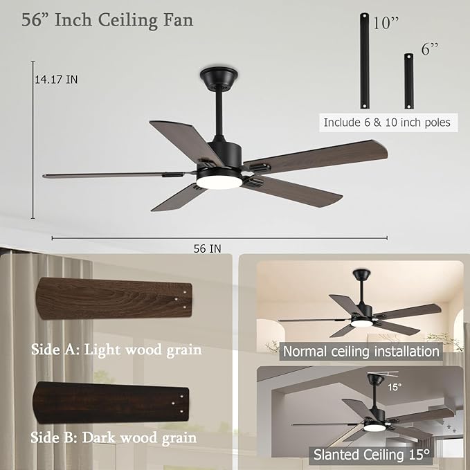 56inch Ceiling Fans with Lights and Remote/App Control, DC Reversible Motor, Noiseless, Dimmable, Low Profile Modern Ceiling Fan for Bedroom Indoor/Outdoor Use（Brown）