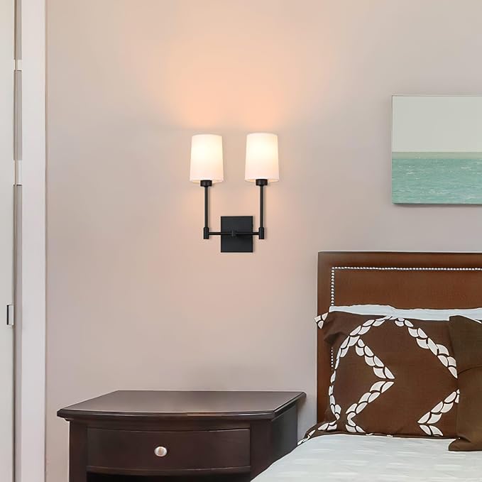 XiNBEi Lighting Wall Lamp, 2 Light Black Bedroom Wall Light with Fabric Shade for Bedside & Living Room XB-W1215-2-MB