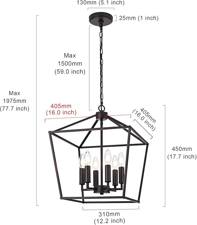 MELUCEE 16 Inches Farmhouse Chandelier 6-Light Oil Rubbed Bronze Cage Hanging Lights Rustic Lantern Pendant Lighting for Kitchen Island Dining Room Foyer Hallway, E12 Base