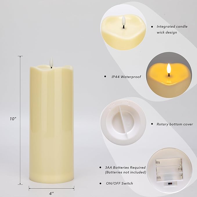 2pack 4"*10" Waterproof Outdoor Flameless Candles with Remote & Timer, Plastic Battery Operated LED Flickering Pillar Candles for Camping, Weddings, Ivory