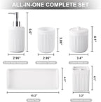 Resin White Bathroom Accessories Set 5 Pcs, Lotion Soap Dispenser, Toothbrush Holder, Bathroom Tumbler, Qtip Holder and Vanity Tray, Bathroom Countertop Organizer Set for Modern Home Apartment