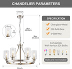 6 Light Wagon Wheel Chandelier Brushed Nickel Modern Dining Room Light Fixture Pendant Lighting for Living Room Kitchen Island Foyer Bedroom, Adjustable Height Metal E26 Base with Glass Shade