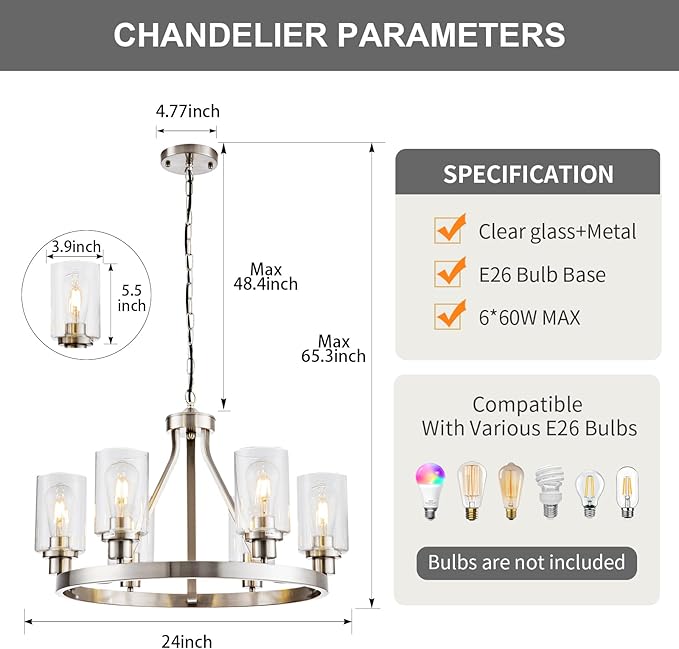 6 Light Wagon Wheel Chandelier Brushed Nickel Modern Dining Room Light Fixture Pendant Lighting for Living Room Kitchen Island Foyer Bedroom, Adjustable Height Metal E26 Base with Glass Shade