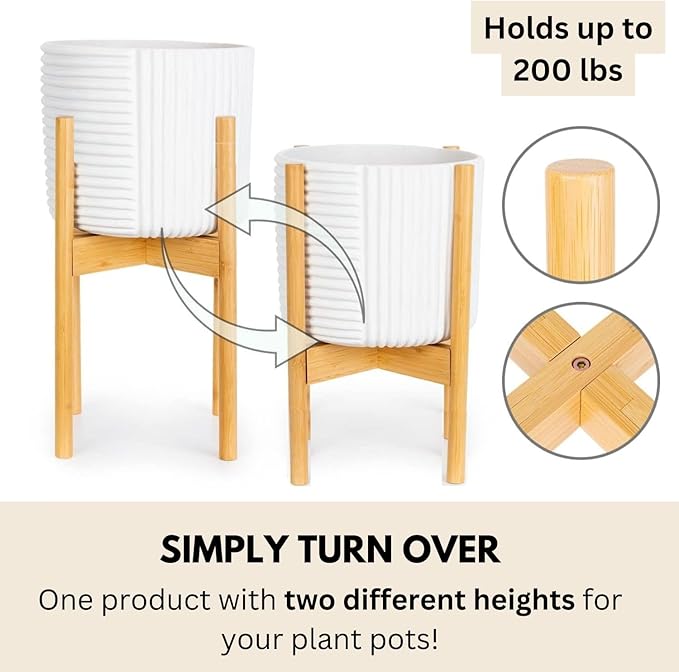 Fox & Fern Adjustable Plant Stand Indoor — 8 to 12 Inch Premium Mid Century Bamboo Plant Stand with Adjustable Width; Plug In Design; Easy to Assemble; Two Heights - For 8, 9, 10, 11 & 12 Inch Pots