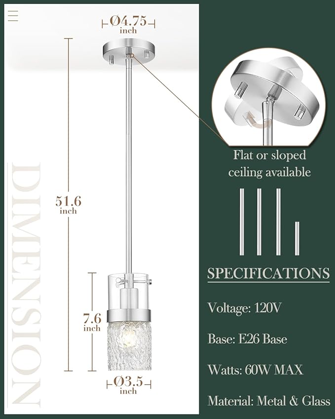 LMS Brushed Nickel Pendant Lights Kitchen Island 2 Pack, Modern Glass Pendant Light Fixtures with Hammered Glass, Adjustable Mini Hanging Light for Kitchen Island Sink Bathroom, LMS-171BN2