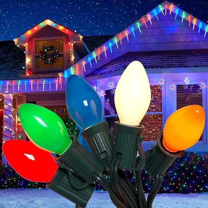 C7 Christmas Lights, 25Ft Ceramic Vintage Christmas Lights with 25 Multicolor C7 Bulbs, Hanging Outdoor Christmas Lights for Christmas Tree Party Backyard Wedding Party Decor- Green Wire