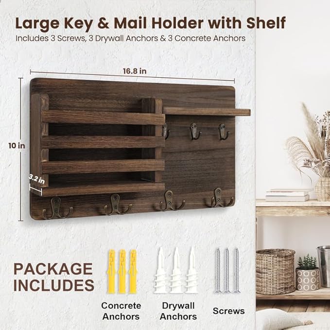 Nekon Mail Holder for Wall Mail Organizer with Key Hooks Hallway Farmhouse Decor Letter Sorter Made of Natural Wood with Floating Shelf and Flush Mount Hardware (16.8Inch x 10Inch x 3.2Inch)
