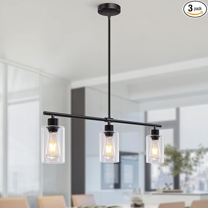 Kitchen Island Lighting, 3 Lights Linear Chandeliers Rectangle Pendant Light Fixtures for Dining Room Farmhouse Hanging Light with Glass Shades(Black)