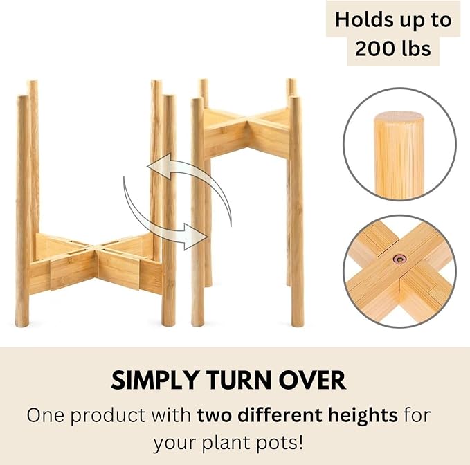 Fox & Fern Adjustable Tall Plant Stand Indoor — 8 to 12 Inch Premium Mid Century Bamboo Plant Stand with Adjustable Width; Plug In Design; Easy to Assemble; Two Heights - For 8, 9, 10, 11 & 12 In Pots