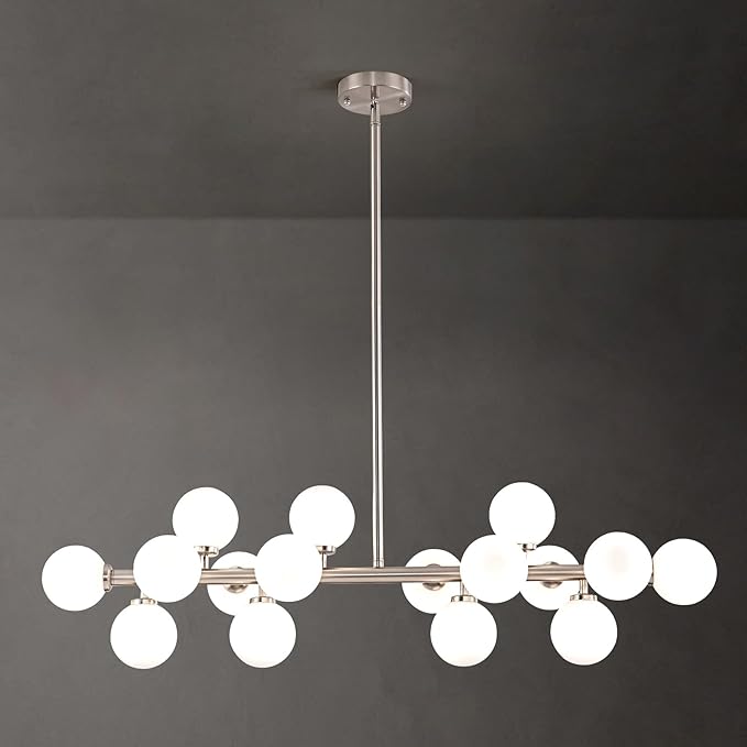16-Light Globe Sputnik Chandelier, Mid Century Modern Light Fixture Over Table, Nickel Linear Chandeliers for Dining Room and Kitchen Island (Milk White Glass Bubble Shades, 40 Inch)