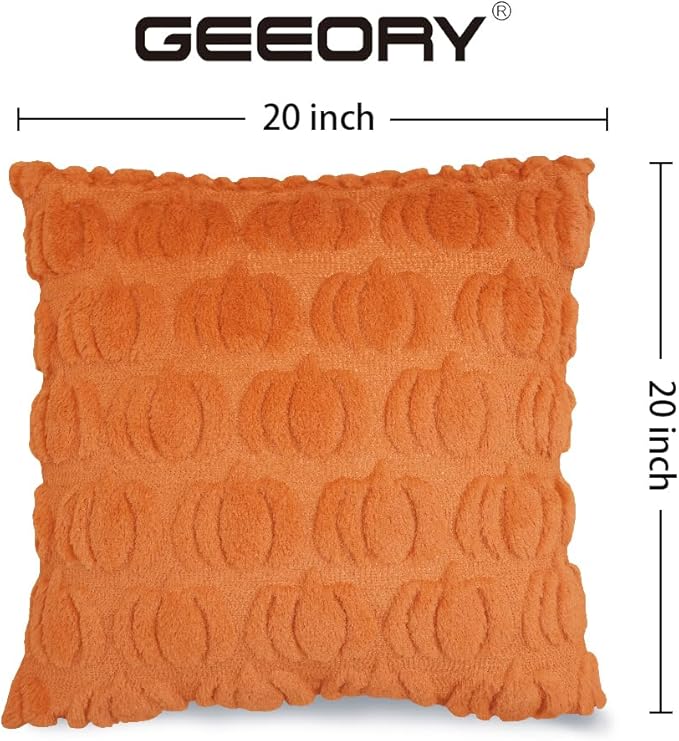 GEEORY Fall Pumpkins Soft Plush Pillow Covers, 20 x 20 Inch Set of 2, Fluffy Faux Fur Wool Decorative Farmhouse Cushion Case for Sofa Home Decoration Orange GC018-20