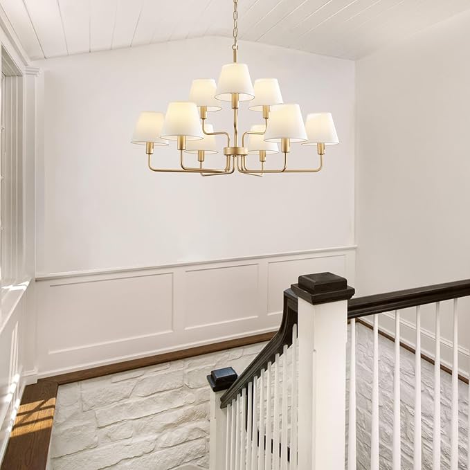 Gold Chandeliers for Dining Room with White Fabric Shades,33”Light Fixture Chandelier,9-Lights foyer chandeliers for high ceilings,2 Tiered Lantern Farmhouse Pendant Light for Living Room,Entryway
