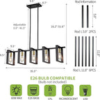 Farmhouse Kitchen Island Lighting Black Dining Room Lights Ceiling Hanging Rustic 5 Lights Wood Chandelier Light fixtures 41.3" Height Adjustable