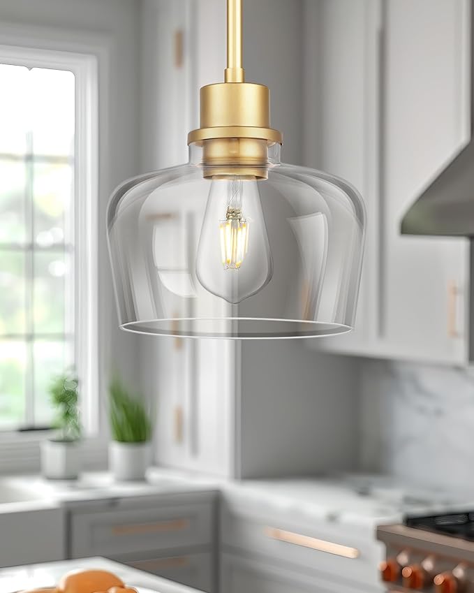 Emak 8 Inch Clear Glass Pendant Lights Kitchen Island, Modern Gold Pendant Light Fixtures for Kitchen, Bathroom, Bedroom, Dining Room, PL122-GD-CG