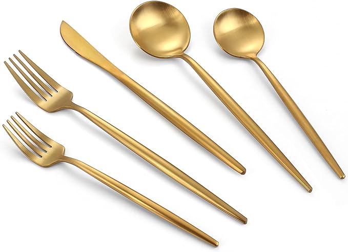 Matte Gold Silverware Set, 40-Piece Stainless Steel Flatware Set, Tableware Cutlery Set Service for 8, Satin Finish Utensils Set, Knife Fork Spoon Set for Home and Restaurant, Dishwasher Safe