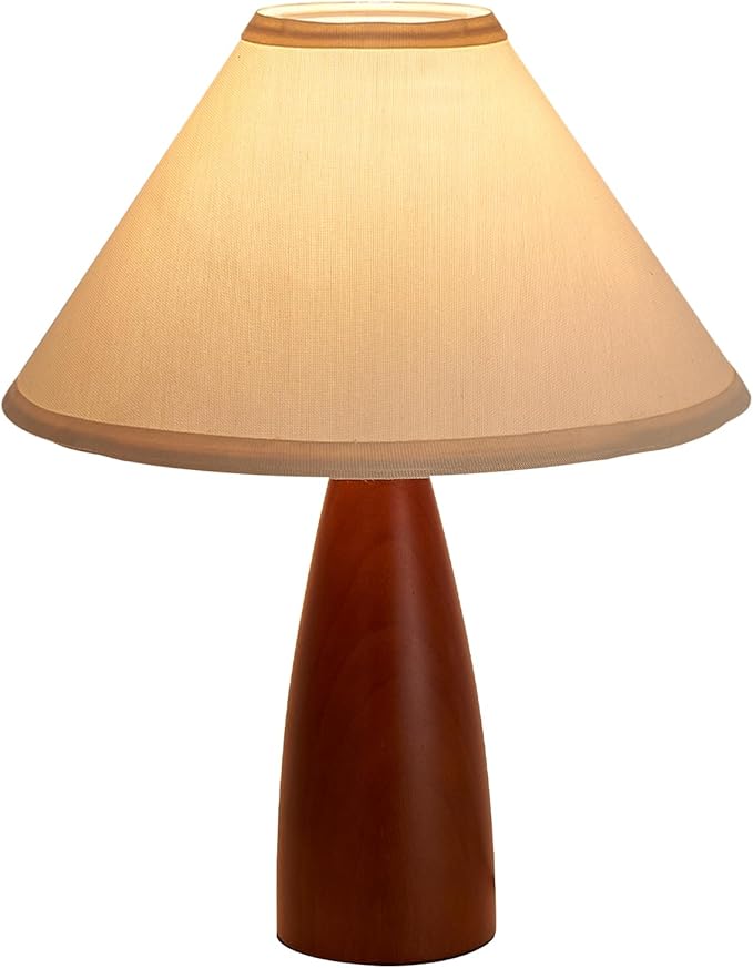 Bedside Table Lamp for Bedroom, Mid-Century Modern Plug in Fabric Shade & Solid Wood Base Desk Lamp, Plug & Play Warm Brown Nightstand Lamp for Living Room, Office, Switch Power Cord 【Bulb Included】