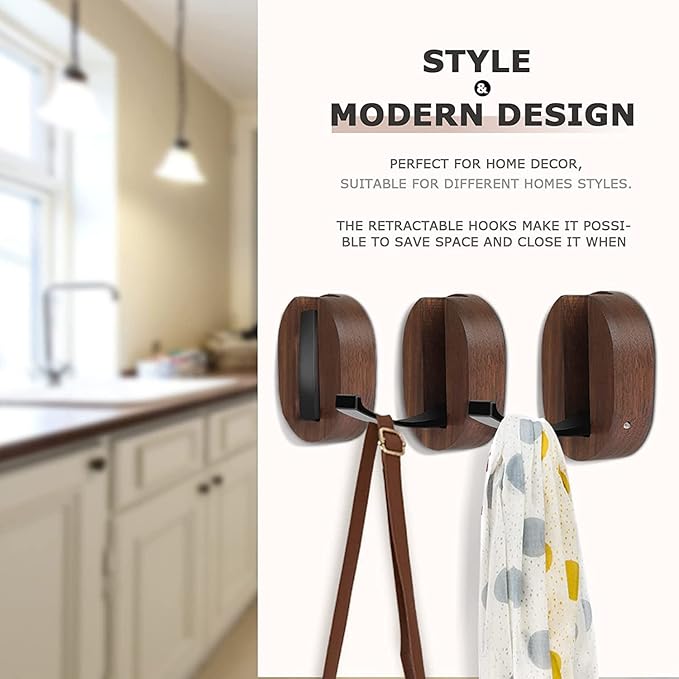 3 Pack Coat Hooks, Wood Wall Hooks Folding for Hanging Coat, Rustic Walnut Wood Hardware Heavy Duty Aluminum Alloy No Rust with Screws for Hat, Bags, Backpack, Purse Fitness Equipment
