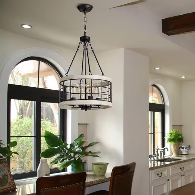 Farmhouse Drum Chandelier,Rustic White Oak Wood Color&Black Metal Finish 4-Light Chandeliers for Dining Room Kitchen Entryway UL Listed