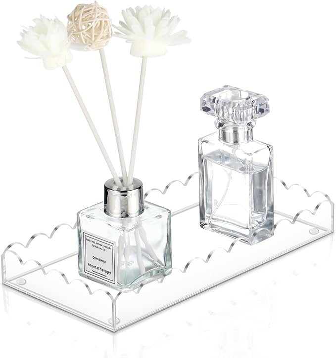 Acrylic Bathroom Vanity Tray 7.9", Soap Dispenser Decorative Scalloped Tray for Bathroom Kitchen Living Room Decor Vanity Perfume