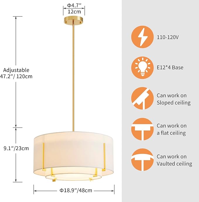 Shrine Lighting Chandeliers, Modern Design, Drum Pendant Light for Dining Room, White Lampshade & Black Finish Frame
