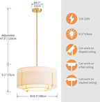 Shrine Lighting Chandeliers, Modern Design, Drum Pendant Light for Dining Room, White Lampshade & Black Finish Frame