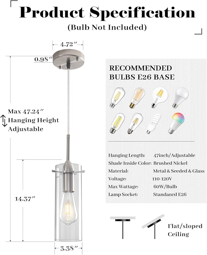 Brushed Nickel Pendant Lights Kitchen Island 1 Pack, Glass Pendant Light, Modern Clear Glass Pendant Light Fixture, Hanging Pendant Lights for Kitchen Island Dining Room Bar